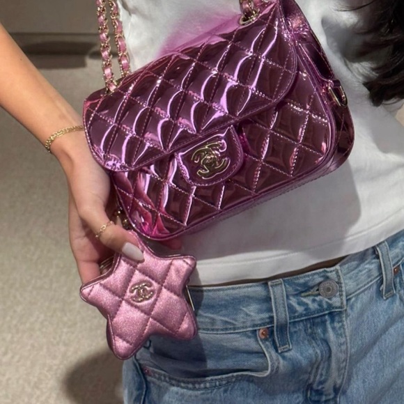 New 24C Chanel Light Purple Mirrored metallic Mini Square Flap Bag Star Handbag - Picture 2 of 4